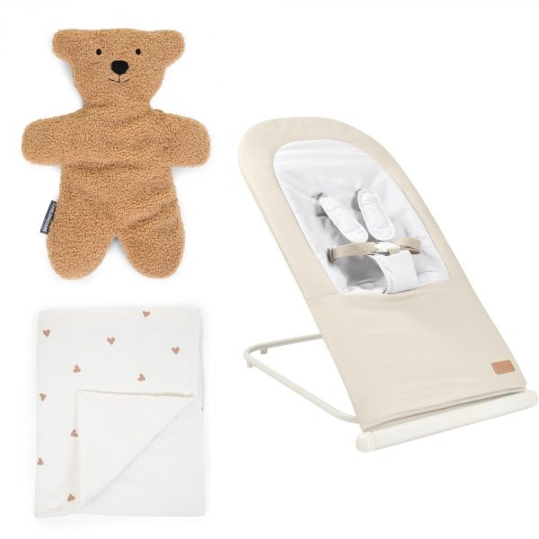 Transat pliable Eazy Relax Greige + Couverture 80x100 cm coeurs + Doudou ourson Teddy bouclette beige