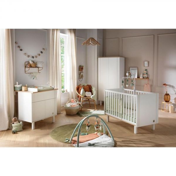 Chambre trio lit bébé 60x120 + commode 1 tiroir 2 portes + armoire Eleonore blanc