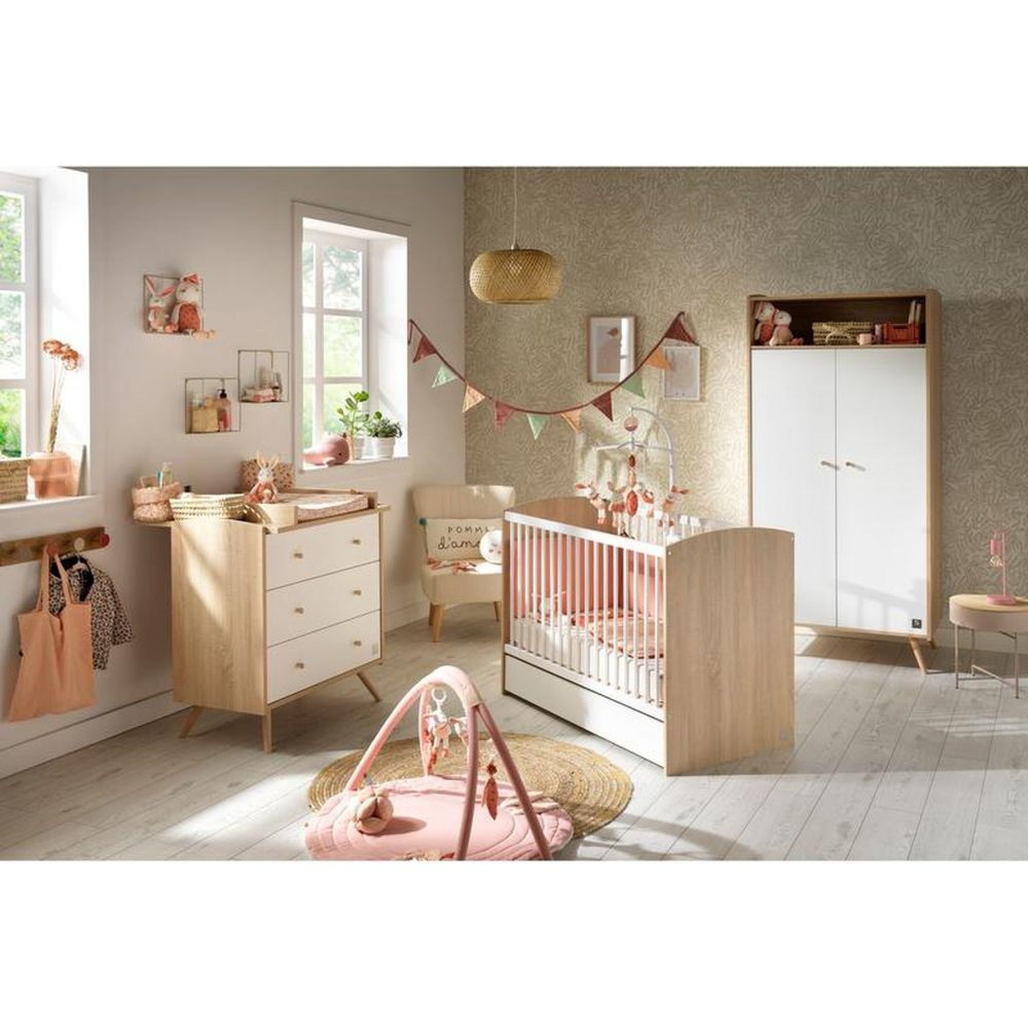 Chambre trio lit bébé 60x120 cm + armoire XL + commode avec plan à langer  (offert) Flow White & Oak - Made in Bébé