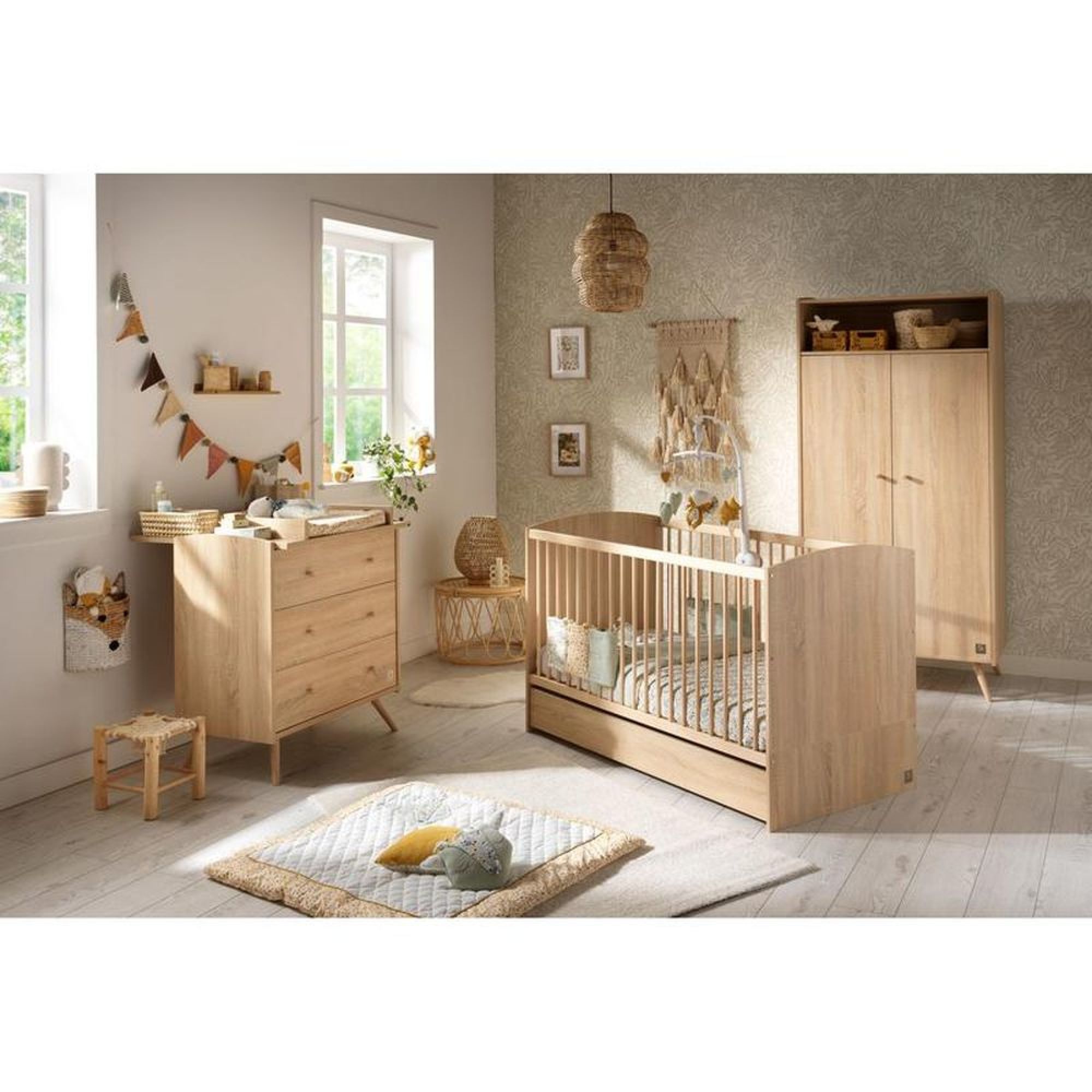 Chambre trio lit bébé Little Big Bed 70x140 + armoire + commode Access bois  + plan à langer - Made in Bébé