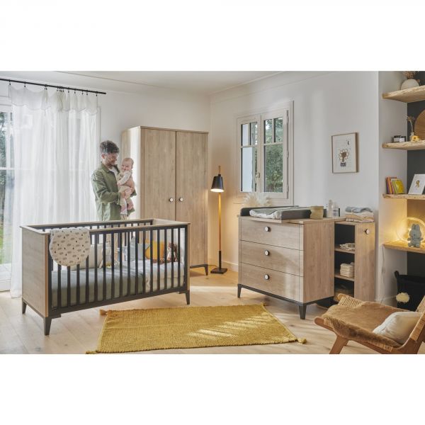 Chambre trio lit bébé évolutif 70x140 cm + commode + armoire 2 portes Marcel pieds noirs