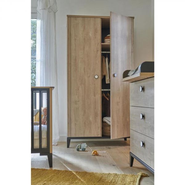 Chambre trio lit bébé évolutif 70x140 cm + commode + armoire 2 portes Marcel pieds noirs