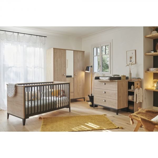 Chambre trio lit bébé évolutif 70x140 cm + commode + armoire 3 portes Marcel pieds noirs