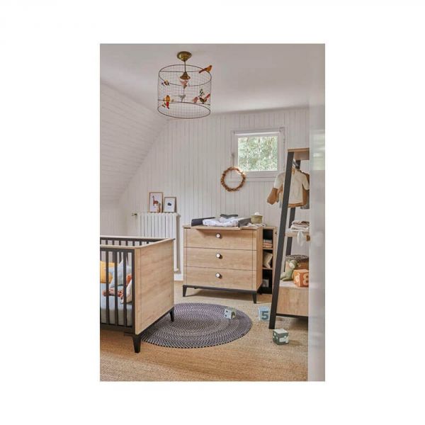 Chambre trio lit bébé évolutif 70x140 cm + commode + armoire 3 portes Marcel pieds noirs