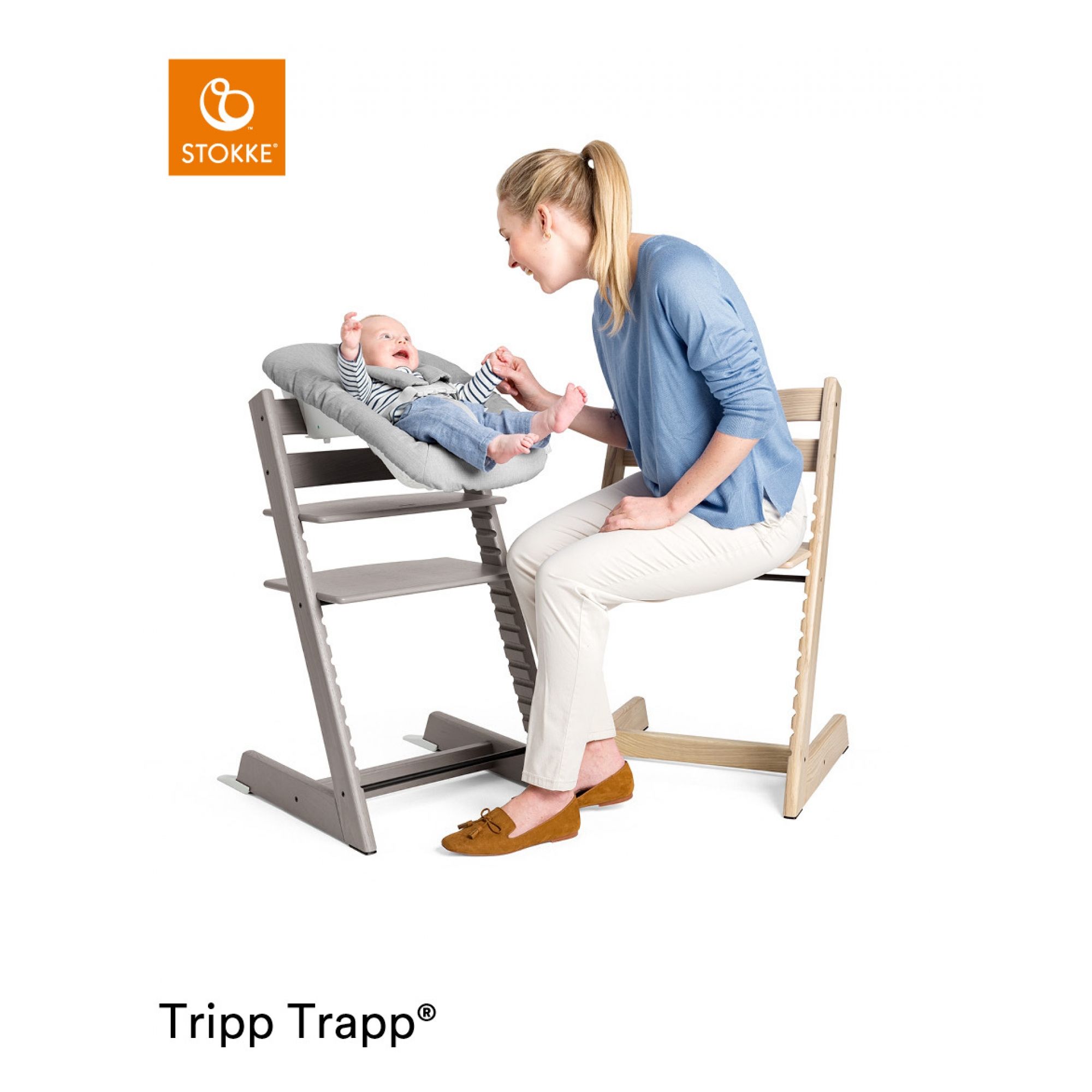 Chaise haute Tripp Trapp chêne avec baby set et plateau Stokke