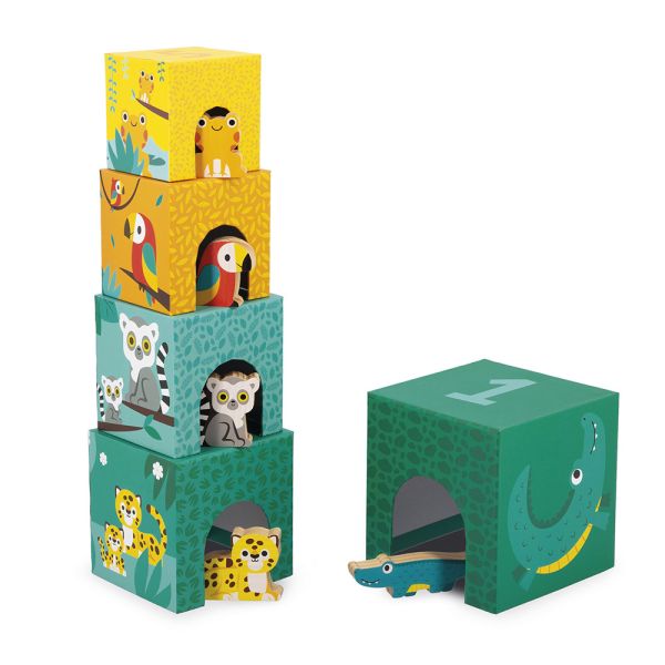 5 cubes à empiler Pyramide Tropik avec figurines en bois