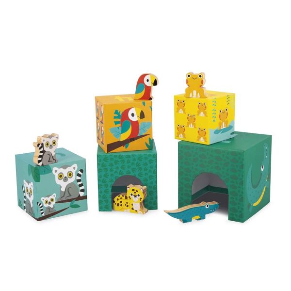 5 cubes à empiler Pyramide Tropik avec figurines en bois