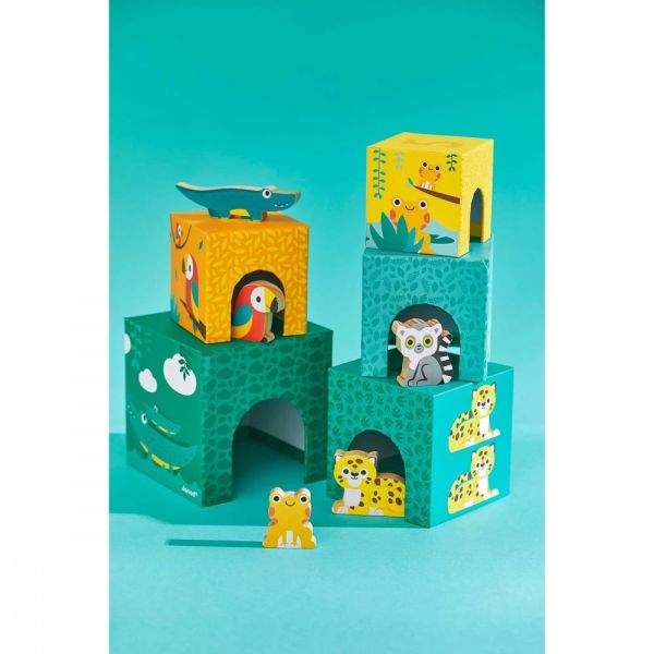 5 cubes à empiler Pyramide Tropik avec figurines en bois