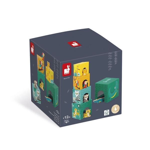 5 cubes à empiler Pyramide Tropik avec figurines en bois