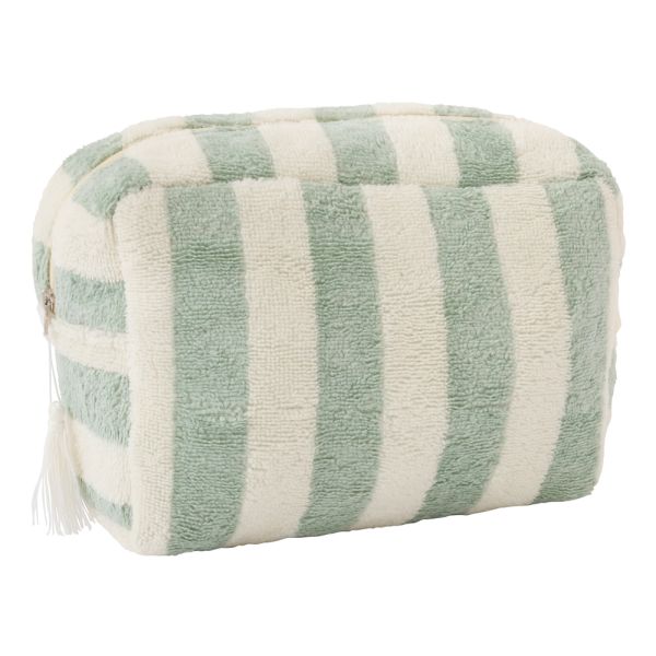 Trousse de toilette en bambou doublure imperméable rayée ivoire/ vert de gris