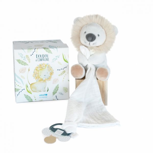 Doudou attache sucette lion Unicef