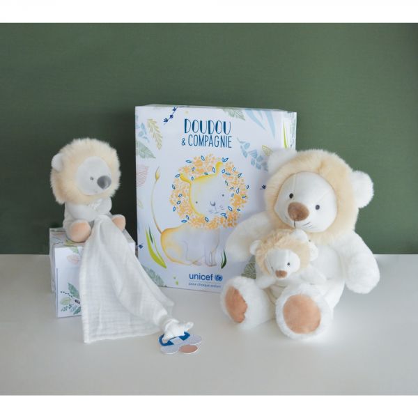 Doudou attache sucette lion Unicef