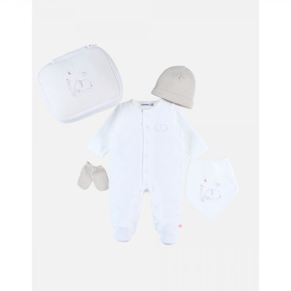 Valisette de naissance (bonnet, pyjama, moufles et bavoir bandana)