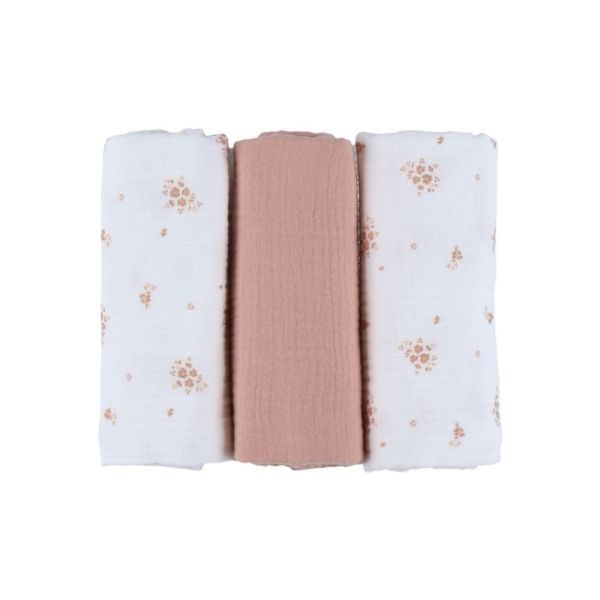Lot de 3 langes 70x70cm, Mousseline de coton bio - Fleurs d'Antan